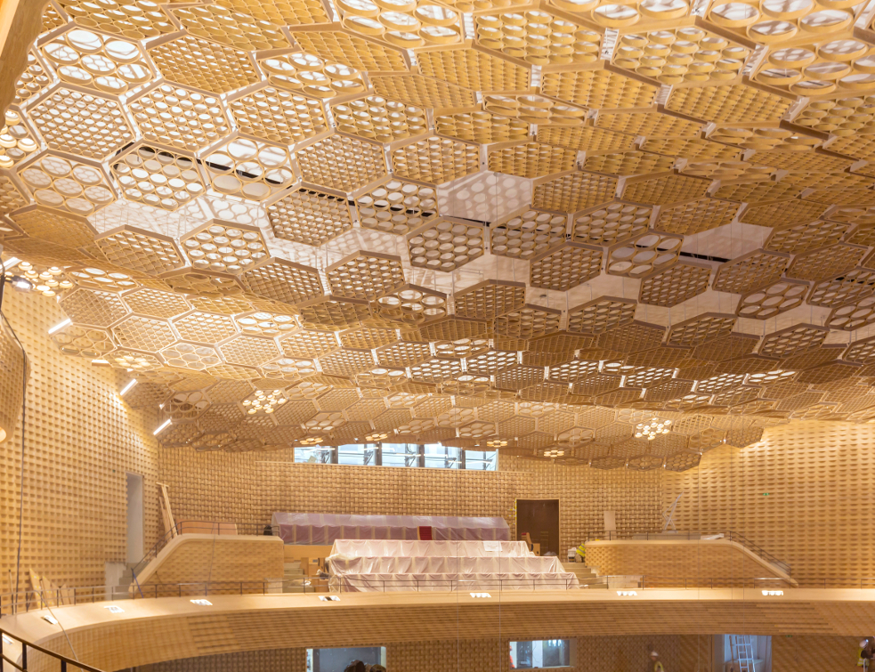 Un agencement artistique de bois acoustique à La Seine Musicale