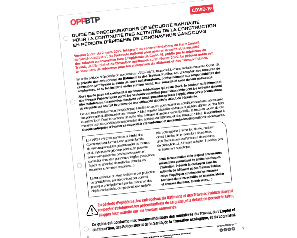 Le Guide de préconisations de sécurité sanitaire de l'OPPBTP ne s'appliquera plus au 14 mars