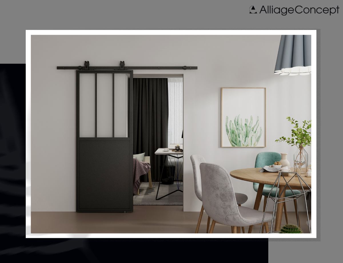 La porte coulissante Bario et sa ferrure Quadrat 1