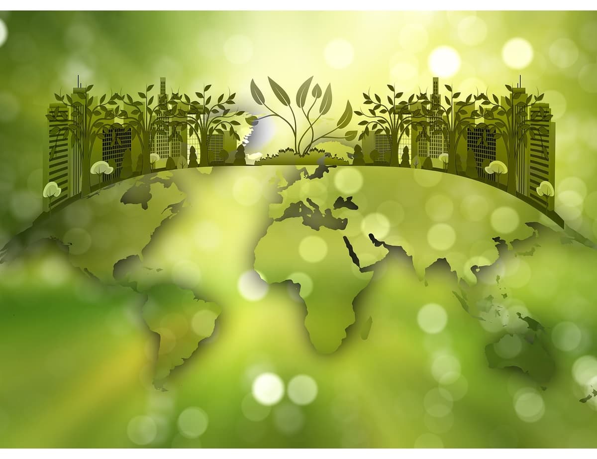 Dessin de la planète Terre avec des bâtiments et des arbres et plantes, en harmonie.