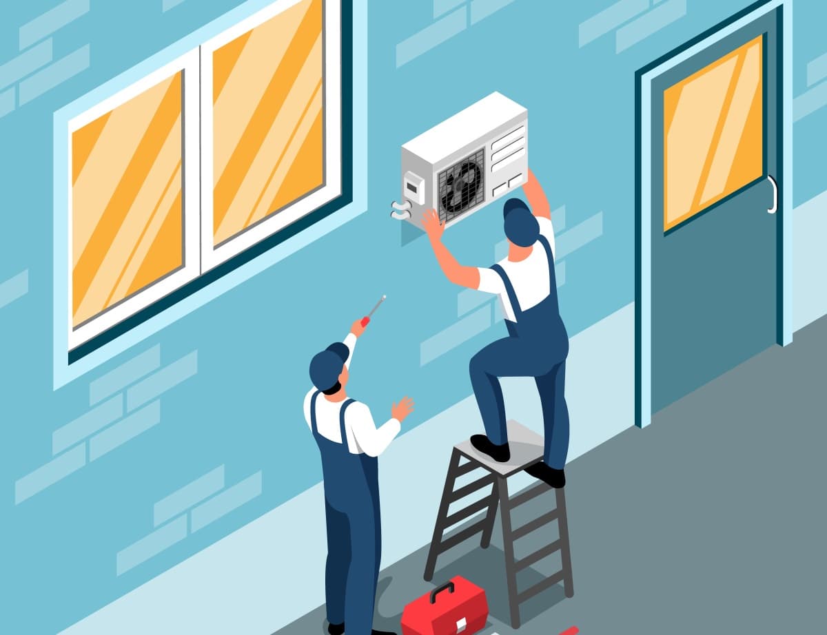 installateurs travaillant sur l'unité extérieur d'une pompe à chaleur (graphique)