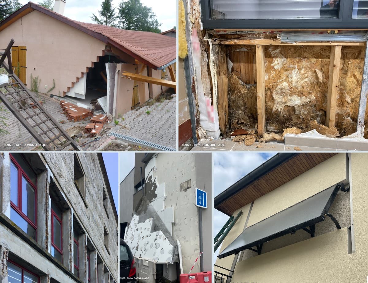 Plusieurs photos de bâtiments en très mauvais état en raison d'une mauvaise mise en oeuvre.