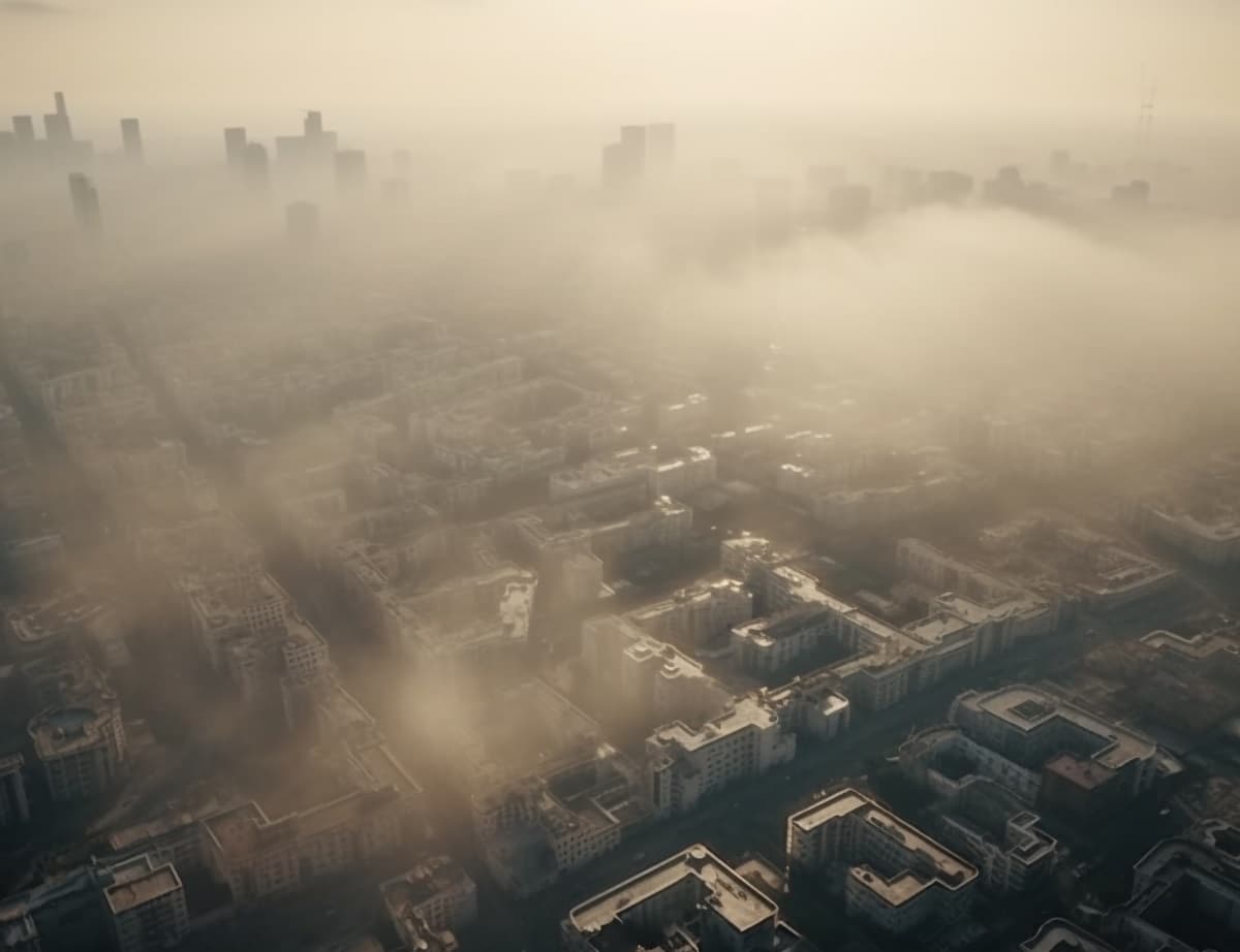 Ville dans le brouillard vue du ciel