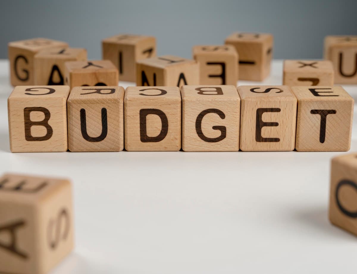 Blocs en bois d'un jeu formant le mot Budget