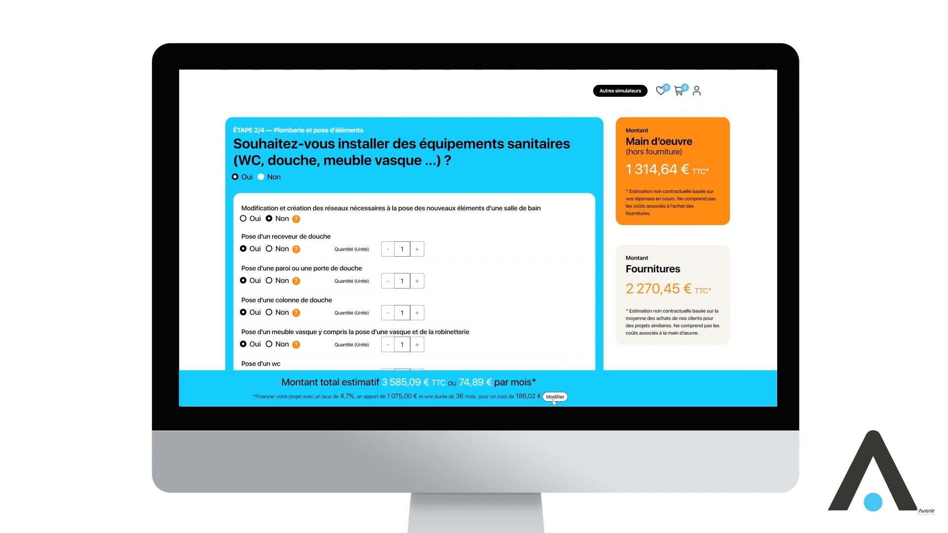 ordinateur avec sur l'écran le simulateur de travaux
