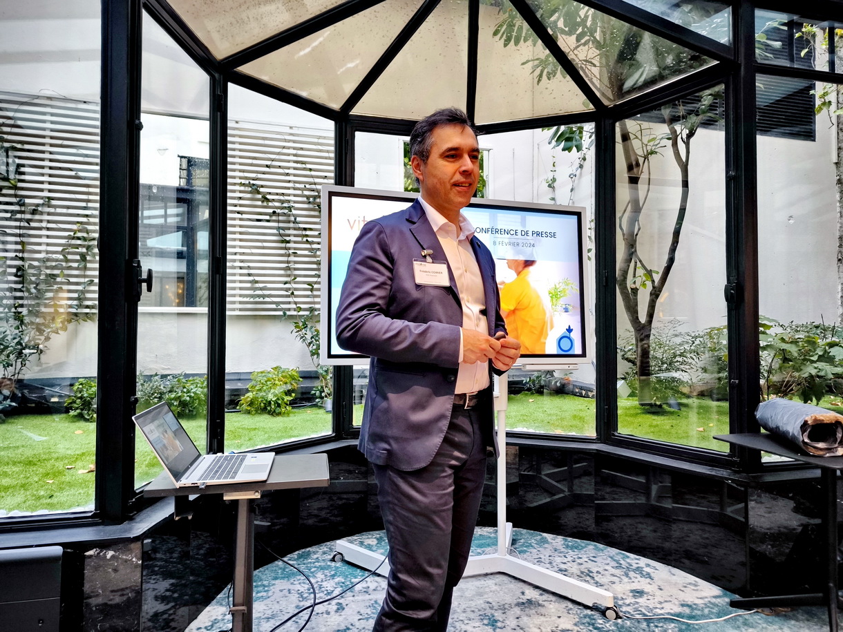 Frédéric Coirier, PDG du Groupe Poujoulat, présente la démarche Vitalome le  8 février 2024 à Paris.