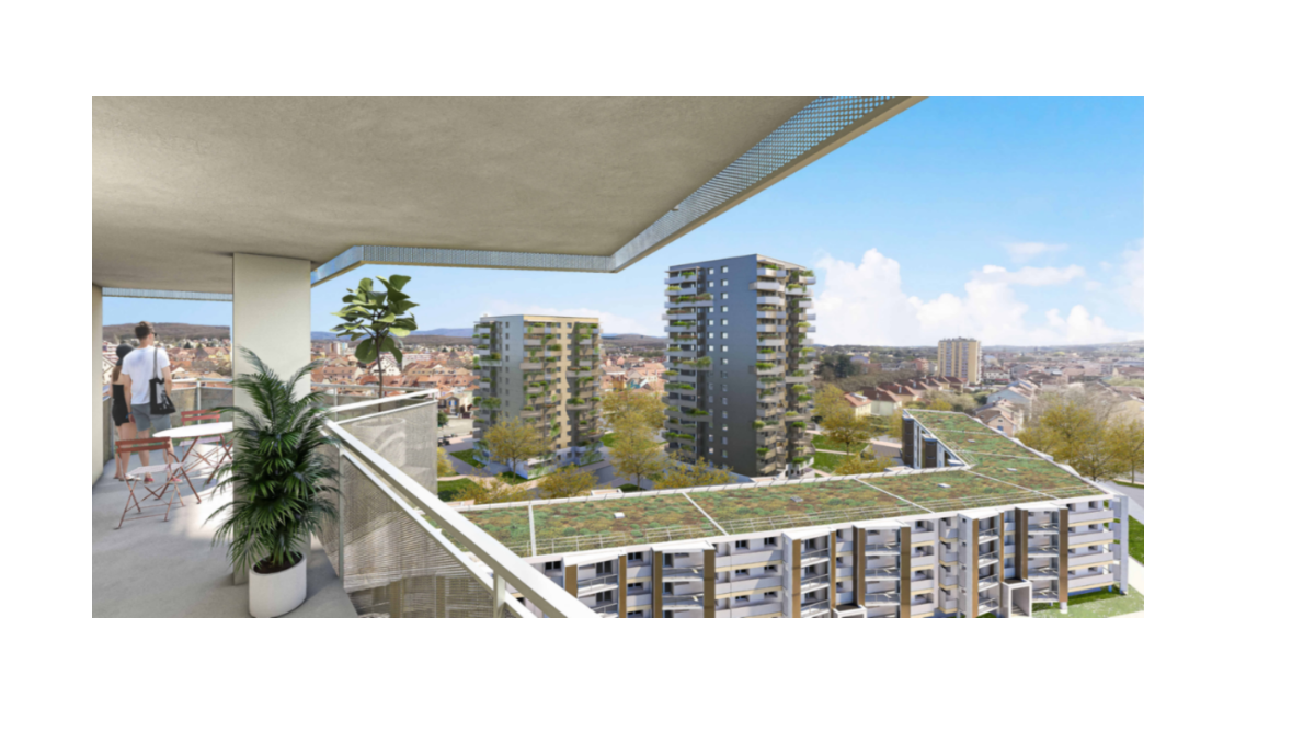 Perspective des tours 27 et 28 Alsace et de la barre Koechlin réhabilitées. © Architectes : Archétude et Thierry Barreau Architecte